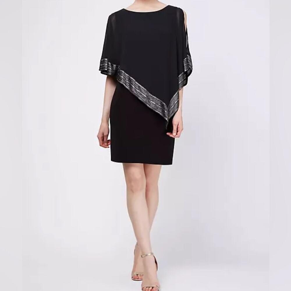 SL Fashions Foil Trim Asymmetrical Popover Dress Black Silver Women’s Sz 14